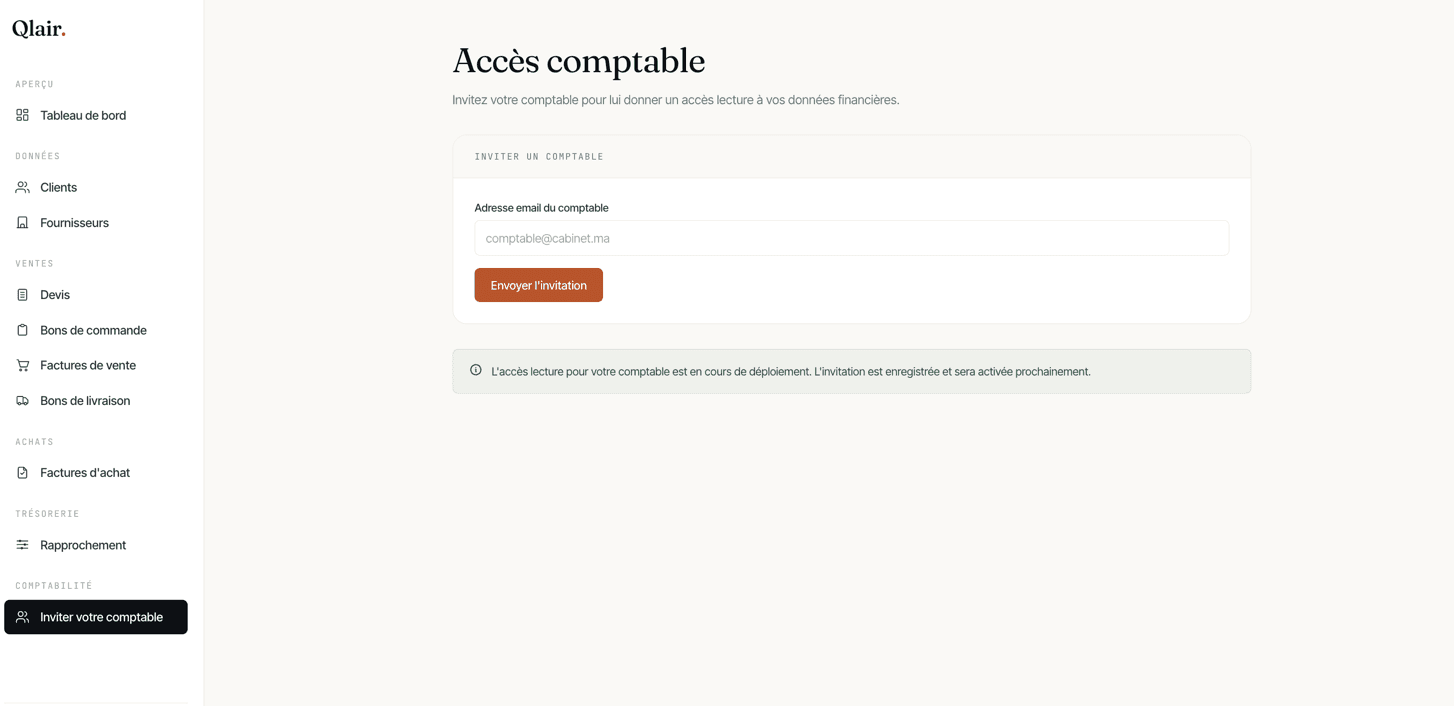 Capture d'écran Qlair : Accès comptable
