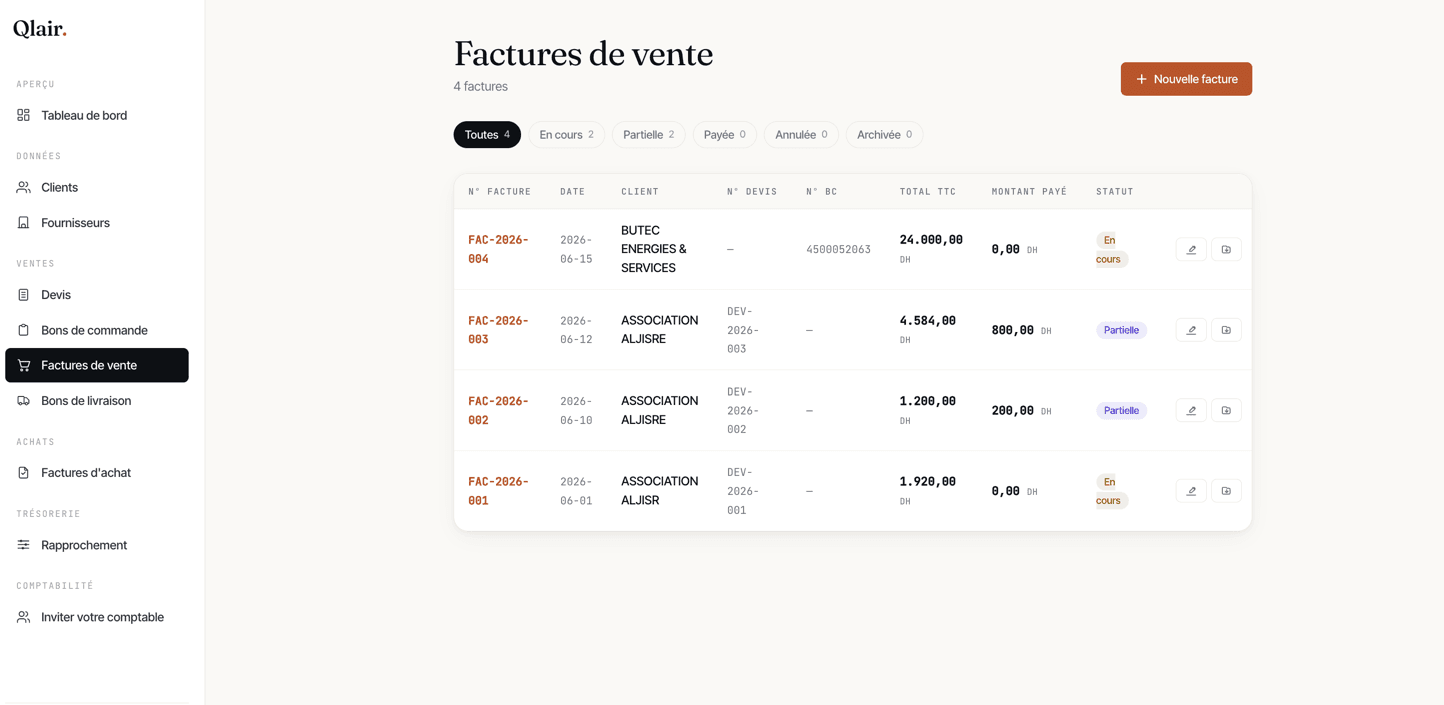 Capture d'écran Qlair : Facturation